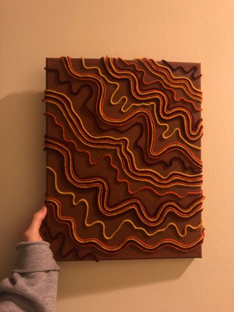 Canvas With Yarn Art, Easy Brown Painting Ideas, Textured Art Yarn, Yarn Wall Art Canvas, Canvas And Yarn Wall Art, Glue Stick Art, Painting With Yarn On Canvas, Abstract Yarn Art, Yarn Canvas Art Diy