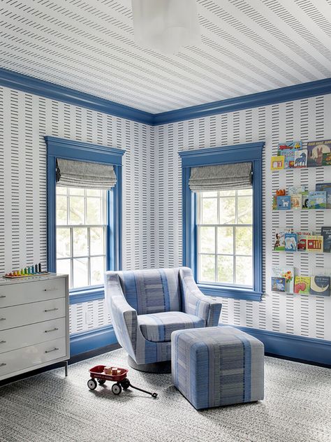 7 Blue Nurseries That Aren’t Pastel Everything | domino Long Island City Apartment, Blue Striped Walls, Yellow Playroom, Paint Deck, Fine Paints Of Europe, Kids Room Ideas, Stripe Wall, Pink Sheets, Kids Bedroom Designs