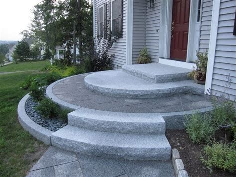 Best 5 Stairs Landing Entrance #stairs #stairsdesign #design #ideas Porch With Steps All Around, Curved Front Porch Steps, Round Front Steps Entrance, Semi Circle Front Door Steps, Curved Porch Steps, Rounded Front Porch Steps, Slope Steps, Path Landscaping, Granite Steps