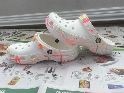 Revamp clothing, diy fashion, custom shoes , customizing shoes, crocs, custom crocs, customizing crocs Diy Crocs Shoes Paint, Custom Painted Crocs, Custom Crocs Shoes Paint, Croc Painting Ideas, White Crocs, Crocs Fashion, Custom Shoes Diy, Women's Crocs, Leather Paint