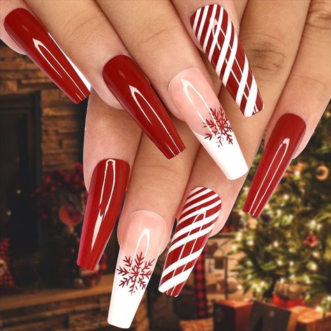 Kikmoya Red Press on Nails Christmas Coffin Fake Nails Long with Snowflakes Design Stick on Nails for Women 24pcs Pink Ballerina Burgundy Glossy Acrylic Artificial False Nails (Red White Stripes) Fake Nails Long, New Years Eve Nails, Coffin Press On Nails, Christmas Nail Art Designs, Christmas Nails Acrylic, Nails For Women, Nails Polish, Winter Nail Art, Festival Nails