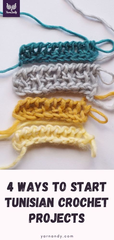 4 samples in chunky yarn, showing the results of casting on Tunisian crochet stitches using the method in the video. From top to bottom: picking up loops in back bumps of chains, foundation single crochet, wrapped long tail, knit long tail. How To Make Foundation, Foundation Single Crochet, Tunisian Crochet Patterns, Tunisian Crochet Stitches, Crochet Pillow Pattern, Cowl Knitting Pattern, Crochet Pillow, To Cast, Tunisian Crochet