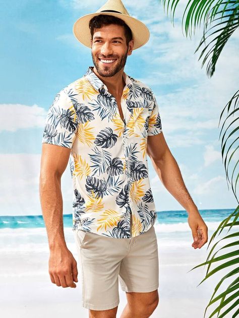 Vacation Outfits Men, Beach Outfit Men, Mens Beach Shirts, Men's Summer Outfit, Hawaii Shirts, Curved Hem Shirt, Tropical Print Shirt, Printed Shirts Men, Men Shirts