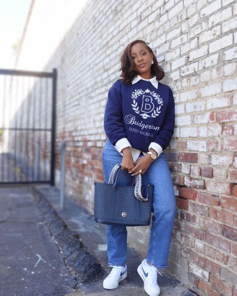 it's a teacher work day, so I chose to dress down and keep it comfortable and cute Crew neck Sweatshirt, mom jeans, nike sneakers, white button-up shirt, fall inspo, fall outfit All outfits are located on my Amazon or head over to my bio website #everydayoutfits #momoutfits #casualstyle #minimalstyle #chicoutfit #elevateyourstyle #getreadywithme #outfitideas #styleinspo #comfystyle #ootd #falltrends #chicstyle #fashionreels #fall2024 Work Outfit With Jeans And Sneakers, Sweatshirt Button Up Outfit, Button Up Shirt Sweater Outfit, Sweatshirt And Button Up Outfit, Sweater And Sneakers Outfit, Jean Outfits For Work, Navy Blue Sweater Outfit, Shirt Sweater Outfit, Navy Sweater Outfit