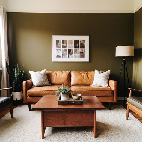 Colors That Go With Olive Green for Stunning Home Decor!💚💚💚 Olive Living Rooms, Tan Leather Sofa, Virtual Room Designer, Tan Leather Sofas, Interior Design Tools, Lush Plants, Home Garden Design, Room Idea, Room Planning