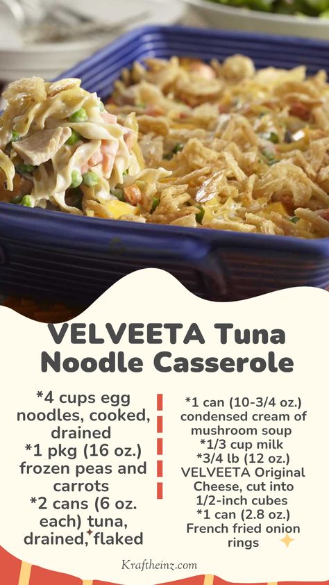 VELVEETA Tuna Noodle Casserole: A creamy and comforting dish with egg noodles, tuna, peas, carrots, and VELVEETA cheese, topped with crispy French fried onions. Perfect for a family dinner. Tuna Casserole With Velveeta Cheese, Velveeta Tuna Noodle Casserole, Tuna Noodle Casserole With Velveeta, Tuna Noodle Casserole Velveeta, Creamy Tuna Noodle Casserole, Egg Noodle Casserole, Velveeta Cheese Sauce, Fried Onion Rings, Chicken And Cheese Recipes