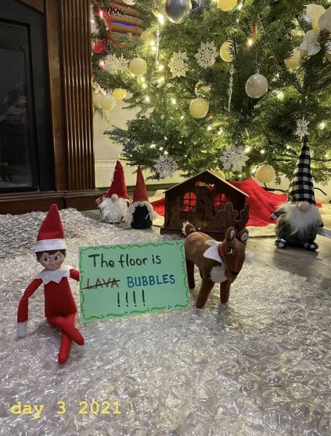 Elf On The Shelf Bubble Wrap, Elf On The Shelf Ideas Floor Is Lava, Elf On The Shelf Slide, Elf On The Shelf The Floor Is Lava, Elf On The Shelf Wrapping Paper Slide, The Floor Is Lava, Elf Activities, Bubble Wrap, Christmas Elf