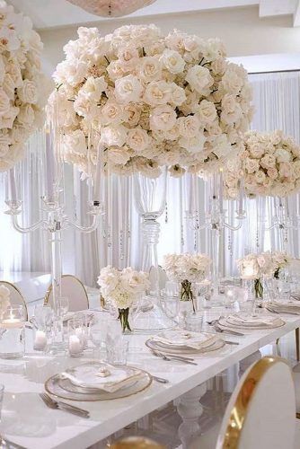 Gorgeous Tall Wedding Centerpieces ★ See more: https://www.weddingforward.com/tall-wedding-centerpieces/2 Wedding Flowers White Roses, White Wedding Decorations, Rustic Wedding Decorations, Tall Wedding Centerpieces, Rose Centerpieces, All White Wedding, Wedding Floral Centerpieces, Wedding Decor Inspiration, White Wedding Flowers