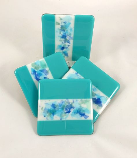 These are coaster I have been making for about 5 years. They are a few of the items I make that aren't one of a kind. They have a cork backing. Fused Glass Bowls, Fused Glass Coasters, Wine Glass Markers, Fused Glass Dishes, Fused Glass Bowl, Tiles Ideas, Fused Glass Plates, Art Coasters, Festival Ideas