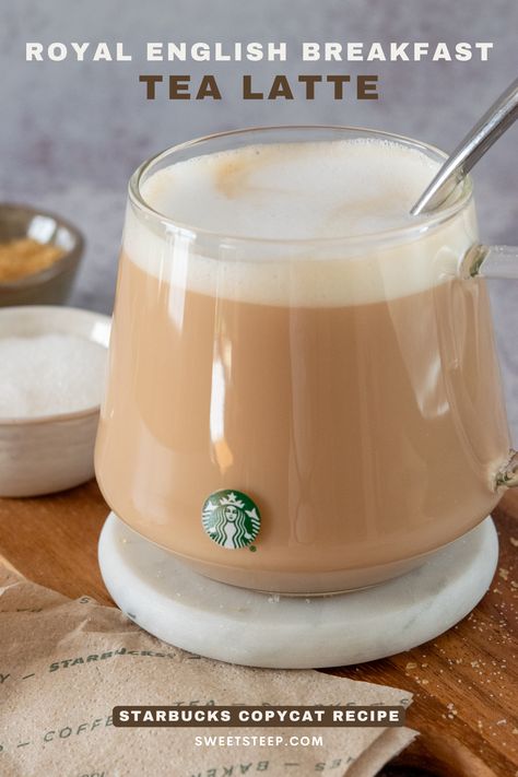 A homemade English Breakfast tea latte in a Starbucks mug next to two bowls of sugar. English Tea With Milk, Iced English Tea Latte, Black Tea Drinks Recipes, Tea Lattes At Home, English Breakfast Tea Recipe, Steamed Milk Recipe, Frothy Drinks, Black Tea With Milk, Black Tea Latte Recipe