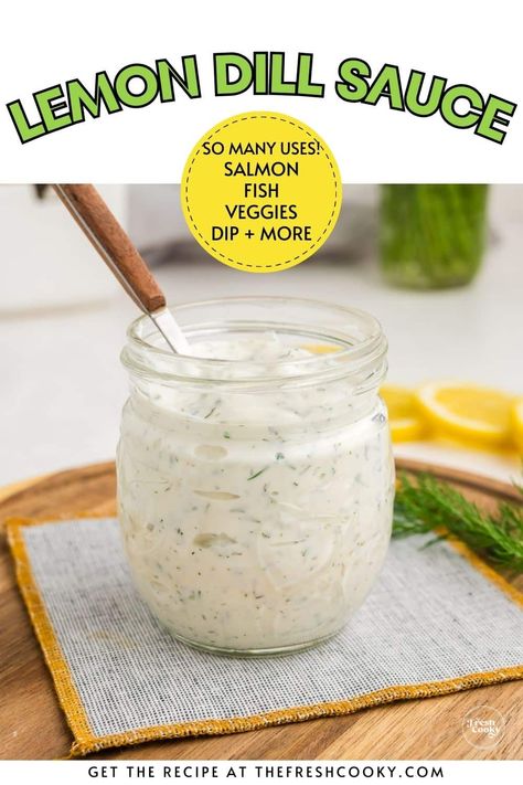 Grab this 5 minute sauce recipe for your next salmon recipe. Lemon Dill Sauce is both a sauce and a dressing, great for fish, veggies, chicken and even as a dip! Get the recipe via @thefreshcooky Lemon Sauce For Fish, Salmon Burger Sauce, Honey Dill Sauce, Extract Recipes, Dill Sauce Recipe, Sauce For Grilled Chicken, Fish Veggies, Ham Sauce, Lemon Dill Salmon