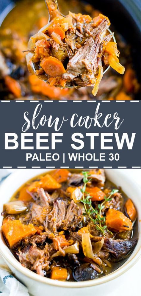 This slow cooker paleo beef stew is made with sweet potatoes and chuck roast. It's an easy, comfort food that's healthy too! Throw everything in the crock pot so the veggies soften and the meat falls apart. Easy Paleo Bread, Sweet Potato Beef Stew, Paleo Beef Stew, Slow Cooker Sweet Potatoes, Paleo Slow Cooker, Beef Stew Crockpot, Paleo Beef, Slow Cooker Beef Stew, Easy Comfort Food