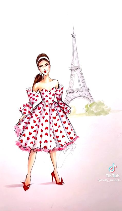 Holly Nichols, Emily In Paris Fashion, Paris Drawing, Vintage Valentine Art, Fashion Illustrations Techniques, Girl Drawing Sketches, Heart Sketch, Fashion Illustration Sketches, Emily In Paris