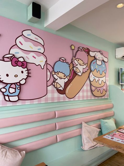 Sanrio Cafe, Cafe Hello Kitty, Pool Illustration, Sanrio Birthday, Anime Coffee, Cat Game, Kitty Cafe, City Layout, Kawaii Room Decor