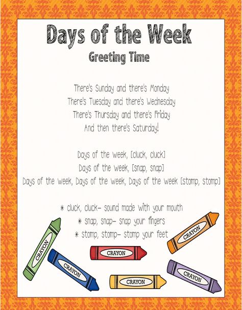 Days of the Week  sing to the tune of The Adam's Family Song (find on youtube ) How To Teach Days Of The Week Preschool, Days Of Week Song, Preschool Days Of The Week Song, Days Of The Week Songs For Preschool, Days Of The Week Song Preschool, Circle Time Songs For Toddlers, Days Of The Week Craft, Preschool Days Of The Week, Teaching Days Of The Week