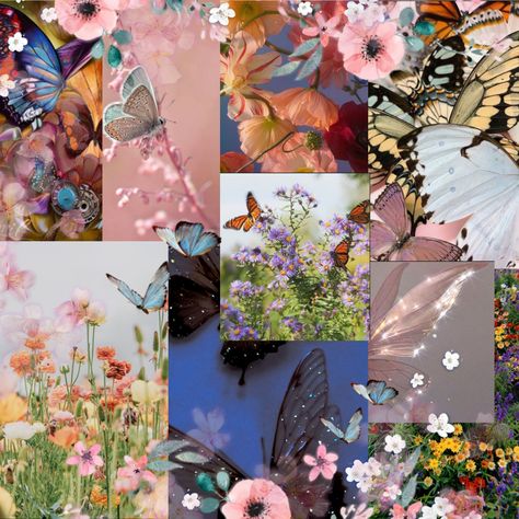 Many beautiful butterflies flying and spreading their wings and many flowers in a spring field Butterfly Mood Board Inspiration, Mood Board Flowers, Spring Mood Board Fashion, Spring Mood Board Aesthetic, Butterfly Mood Board, Butterfly Moodboard, Nature Mood Board, Mood Board Fashion Inspiration, Mood Board Aesthetic