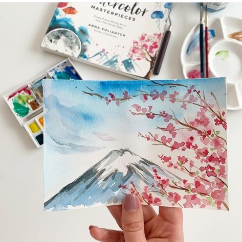 Is it spring yet? It's been awfully rainy this whole week in the UK, my husband and I had a wander round our neighbourhood this afternoon and it was GUSTY, WOOH! Nearly blew my hat off. Aren't you ready for summer already guys? Here is a gorgeous painting of cherry blossoms and Mount Fuji by @dearannart to bring the spring vibes! Sakura Painting, Is It Spring Yet, Mont Fuji, Watercolor Books, Cherry Blossom Art, Watercolour Inspiration, Watercolor Mountains, Art Corner, Doodle Art Designs