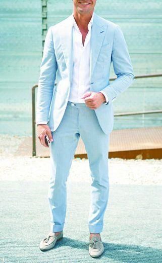 Casual Summer Wedding Outfit, Wedding Blazer, Tuxedo Prom, Light Blue Suit, Prom Suits For Men, Mens Casual Suits, Blazer Outfits Men, Blue Suit Men, Slim Fit Tuxedo