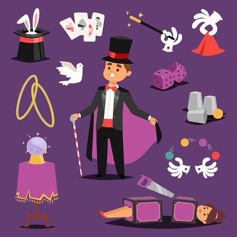 Vector magic man illusionist by Vectorstockersland on @creativemarket Houdini Poster, Magician Art, Scene Icons, Circus Crafts, Magic Theme, Witchcraft Magic, Magic Party, Easter Bunny Ears, Magic Hat