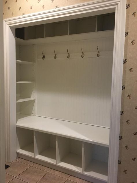 Entry Closet Makeover, Closet Conversion, Closet Bench, Front Hall Closet, Mudroom Remodel, Front Closet, Stairs Renovation, Bedroom Decoration Ideas, Closet Redo