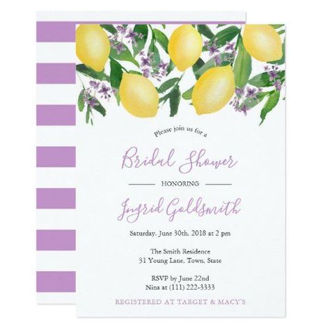 Citrus Wedding Invitations, Purple Bridal Shower Invitations, Citrus Theme, Lemon Themed Bridal Shower, Purple Bridal Shower, Lavender And Lemon, Citrus Wedding, Mauve Wedding, Summer Bridal Showers