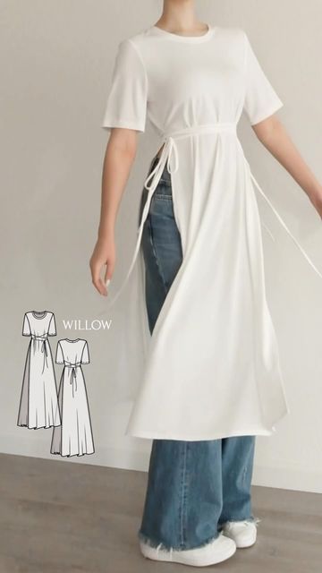 Dresses With Jeans Outfit, Dress Sewing Designs, Jeans Over Dress, T-shirt Pattern, Sew Dress Pattern, Outfits With Patterns, Jeans And Dress Outfit, T Shirt Pattern Sewing, Dress With Jeans Outfit