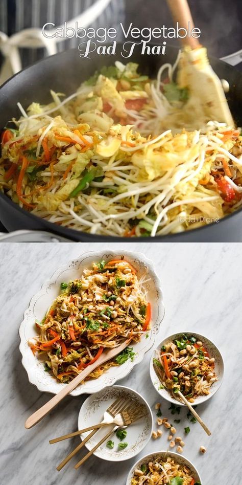 Healthy Pad Thai Recipe, Vegetable Collage, Vegetable Pad Thai, Healthy Pad Thai, Healthy Cabbage, Cabbage Vegetable, Shredded Cabbage, Thai Sauce, Thai Recipe