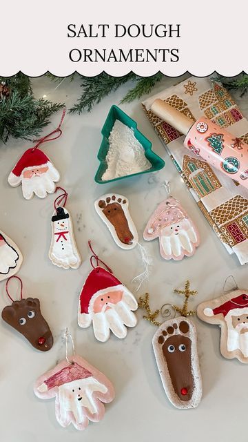 Kelsi || Content Creator on Instagram: "🎄Salt Dough Ornaments 🎄⁣ ⁣ If you’re looking for a fun and simple Christmas craft to do- these salt dough ornaments are one of my favorites! We make these every year and they make me so happy hanging up on the tree! There are so many ways you can decorate them too! They also make great gifts! Recipe below:⁣ ⁣ Combine 2 cups flour, 1/2 cup salt, & between 3/4 to 1 cup warm water. Roll out and make handprints. Cut out the print and use a straw to make a hole at the palm of the hand. Bake at 200 degrees for 3-4 hrs until dried out.⁣ .⁣ .⁣ .⁣ .⁣ #christmas #christmastraditions #christmastradition #christmasdiy #diychristmas #christmascraft #christmascraftsforkids #kidschristmas #christmasornaments #christmasornament #diychristmasgifts #diychristmasorna Salt Dough Christmas Ornaments, Handprint Ornaments, Christmas Bling, Salt Dough Ornaments, Dough Ornaments, Craft Board, Easy Christmas Crafts, Clay Ornaments, Salt Dough