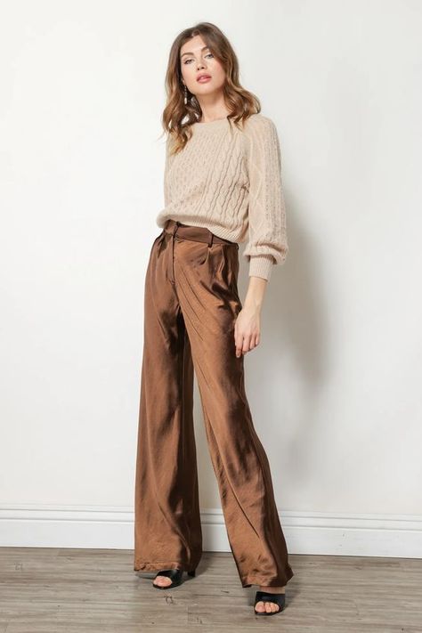 Relaxed Business Casual Women, Business Casual Staples, Dressy Slacks Outfits, Capricorn Summer Outfits, Brown Silk Pants Outfit, Dress Pants Women Outfit, Copper Pants Outfit, College Professor Outfits, Tan Dress Pants Outfit