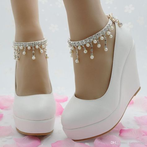 Check out our website for nice shoes and find good new elegant high heels wedges shoes pumps women wedding shoes party dress platform white wedges pearl crystal shoes for your party. fangyingjie provides gorgeous and amazing womens sandals, orthopedic shoes and comfortable shoes here. White Wedge Shoes, Heels Closed Toe, Wedding High Heels, Platform Wedges Shoes, Tassel Shoes, Beaded Ankle, Elegant Heels, White Wedges, Platform Wedge Heels