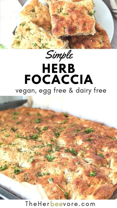 This Herb Focaccia Bread recipe is beyond delicious and simple to make! Better than the bakery, this bread is hearty and easy to make.  Great with soups, stews, or chili - vegan, egg free, dairy free. Easy Vegan Bread Recipe, Herb Focaccia, Beginners Bread Recipe, Chili Vegan, Dairy Free Bread, Fat Free Vegan, Dairy Free Recipes Easy, Foccacia Bread, Vegan Bread Recipe