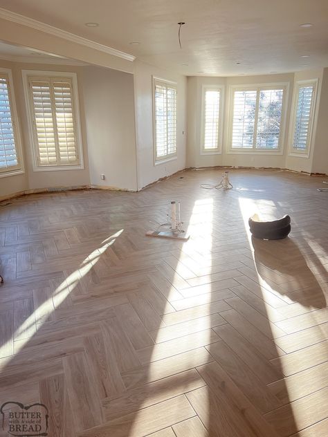 KITCHEN REMODEL: WEEK 9 HERRINGBONE FLOORS - Butter with a Side of Bread Herringbone Floor Open Plan, Wood Tile Floor Herringbone, Chevron Tile Kitchen Floor, Herringbone Lvp Kitchen, Lifeproof Chevron Flooring, Herringbone Wood Floor In Kitchen, Herringbone Luxury Vinyl Plank Flooring, Chevron Vs Herringbone Floors, Herringbone Floors Kitchen