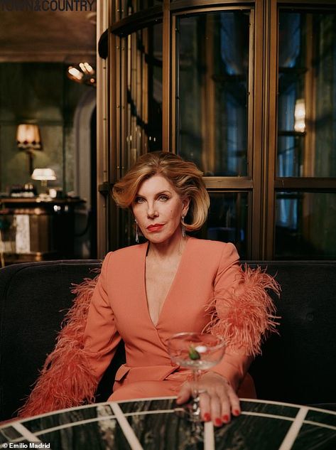 Elegant: Christine posed in a coral colored look featuring feathered sleeves Christina Baranski, Christine Baranski, Town And Country Magazine, The Good Wife, Family Connection, Dowager Countess, The Gilded Age, Country Magazine, Hbo Series