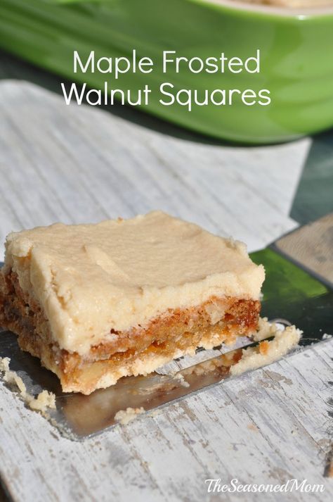 Maple Frosted Walnut Squares 2 Walnut Squares, Walnut Bars, Easy Dessert Bars, Maple Frosting, The Seasoned Mom, Walnut Recipes, Baked Treats, Shortbread Crust, Maple Walnut