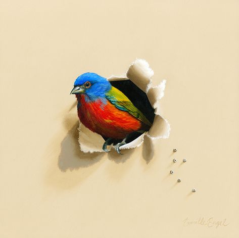 3d Painting Ideas, Painted Bunting, Contemporary Realism, Bird Paintings, Animal Illustration Art, Murals Street Art, Bird Painting, 3d Painting, Illusion Art