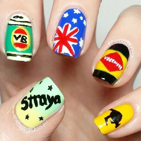 Australia Day nails Australia Day Nail Designs, Australia Day Nails, Australian Nails, Australia Nails, Australian Icons, Sns Nails, Glow Nails, Short Acrylic, Paws And Claws