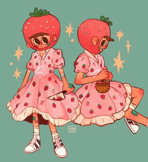 Cute Dresses Drawing, Strawberry Hat Drawing, How To Draw Strawberries, Strawberry Dress Art, Boy In Dress Drawing, Strawberry Dress Drawing, Strawberry Character Design, Strawberry Outfit Drawing, Strawberry Girl Drawing