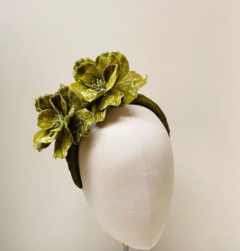 Olive green velvet fascinator headband, luxury charmeuse covered Headband, statement flower crown wedding,  Mother of bride, races, Wedding Mother Of Bride, Green Fascinator, Velvet Flower, Flower Fascinator, Cardboard Gift Boxes, Fascinator Headband, Brand Stickers, Velvet Flowers, Flower Crown Wedding