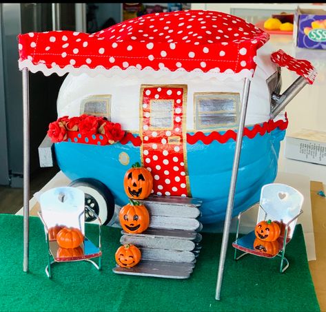 Beautiful Pumpkin Decorating, Pumpkin Painted Like A Camper, Salon Pumpkin Decorating, Carnival Pumpkin Decorating, Epic Pumpkin Decorating, Camper Pumpkin Decorating, Camping Pumpkin Decorating, Pumpkin Contest Winners No Carve, Pumpkin Camper Painted