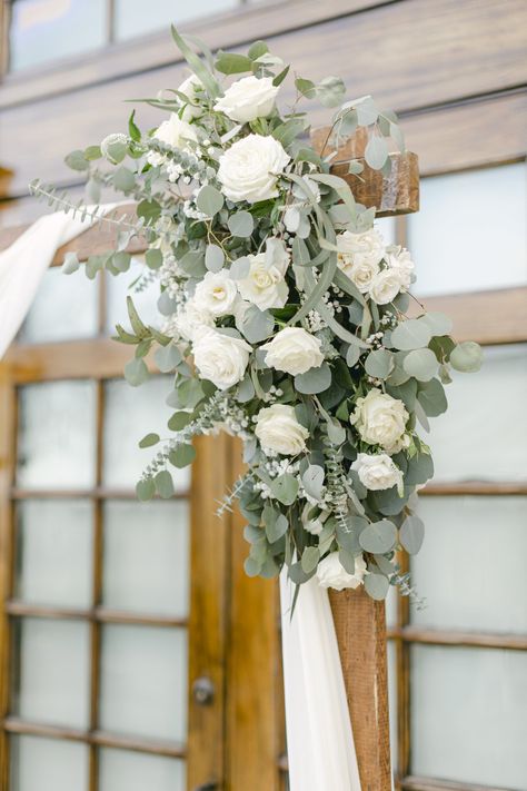 Wedding Arch Flowers Eucalyptus, Green And White Arbor Flowers, Wedding Arbour Flowers Rustic, Wedding Arch Eucalyptus White Flowers, Green Wedding Arch Outdoor Ceremony, White Flower Arbor Wedding, Arbour Flowers Floral Arrangements, Wedding Flowers On Arbor, Wedding Flowers On Arch