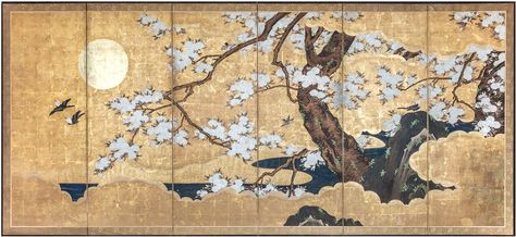 Japanese Screen. Cherry Blossoms with Sun. Early nineteenth century. Chrysanthemum Growing, Japanese Screen, Screen Painting, Art Web, Tinta China, Folding Screen, Edo Period, Japanese Painting, Gold Paper