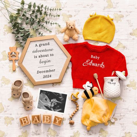 This is a customizable, Winnie the Pooh themed, pregnancy announcement template for you to share on social media or to print. You can edit it yourself right after purchasing so you can announce your news quickly with friends & family! I remember how excited I was to share the news I was expecting once I found out, and I did not want to wait! I have designed this customizable digital template so there is no need to wait! Simply purchase, edit the template with your desired info, download your JPG Baby Announcement Winnie The Pooh, Baby Reveal To Parents, Winnie The Pooh Baby Gender Reveal, Gender Reveal Winnie The Pooh Theme, Winnie The Pooh Baby Announcement, Winnie The Pooh Pregnancy Announcement, Winnie The Pooh Gender Reveal, Baby Surprise Announcement, Pregnancy Announcement To Parents