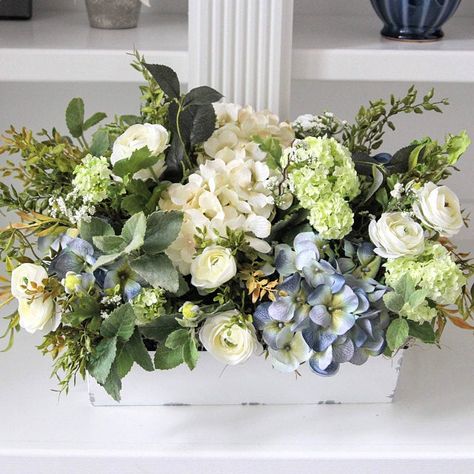 Farmhouse Florals, Snowball Hydrangea, Flower Centrepieces, Farmhouse Flowers, Beauty Bush, Wood Box Centerpiece, Rustic Arrangements, Summer Centerpieces, Hydrangea Centerpiece