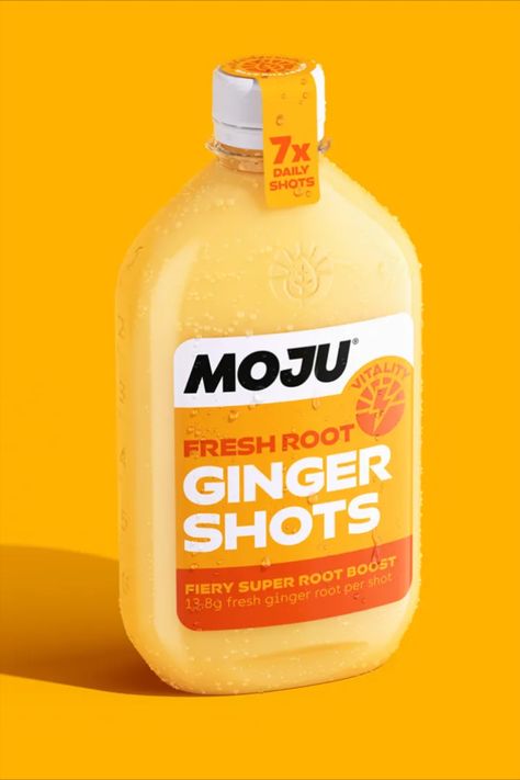 Ginger and Tumeric shots have an inherently bold taste, and Earthling Studio's design for MOJU's packaging system leans into this universal truth. Through entirely unafraid and oversized typography and bright yellow and red color palettes, the packaging system is dynamic and approachable but still representative of the vibrant flavors within. Ginger And Tumeric, Ginger Gummies, Cat Science, Red Color Palettes, Yellow Packaging, Packaging System, Real Cat, Drinks Packaging, Brand Palette