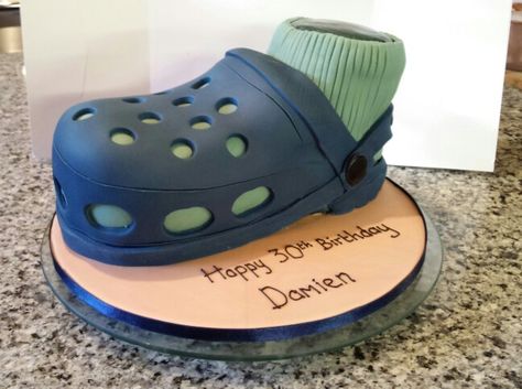 Croc shoe cake Croc Birthday Cake, Croc Cake Shoes, Crocs Birthday Cake, Croc Birthday Party, Croc Shoe Cake, Motorhome Cake, Croc Cake, Croc Party, Crocodile Cake