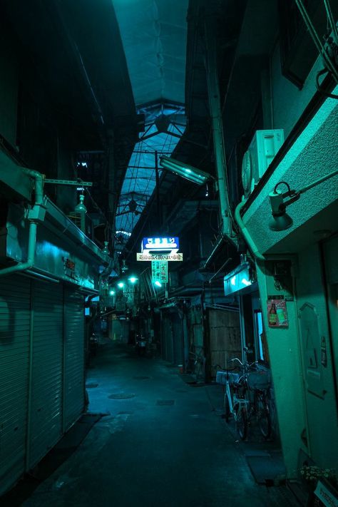 Turquoise Aesthetic, Alley Way, Dark Green Aesthetic, Cyberpunk City, Cyberpunk Aesthetic, Liminal Space, Manama, Liminal Spaces, Cinematic Photography