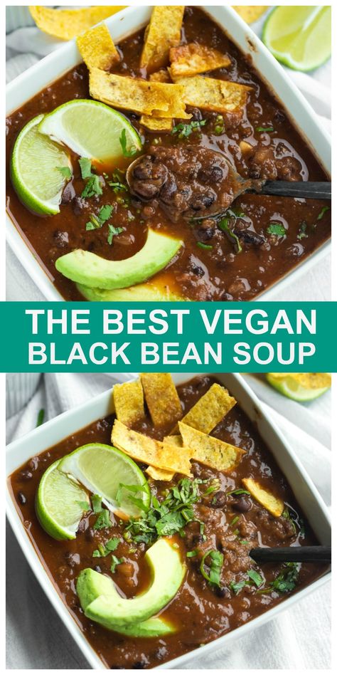 Wfpb No Oil Soups, Vegan Black Bean Soup Recipe, Black Bean And Kale Soup, Black Bean Soup Vegan, Vegan Black Beans, Vegan Black Bean Soup, Liquid Meals, Bright Line Eating Recipes, Vegan Bean