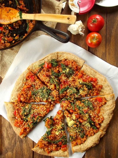 Vegan Spinach  Lentil Pizza Lentil Pizza, Cashew Parmesan, Spinach Lentil, Pizza Vegana, Pizza Topping, Tomato Pie, Vegan Italian, Homemade Pizza Dough, Vegan Pizza