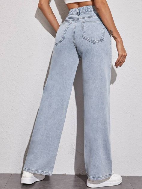 Acid Wash High-Rise Wide Leg Jeans | SHEIN USA Long Leg Jeans, Pantalones Wide Leg, Bottom Wear For Women, Pantalones Boyfriend, Pants Aesthetic, Jean Set, Light Color Jeans, Wide Leg Pants Jeans, Jeans Outfit Women