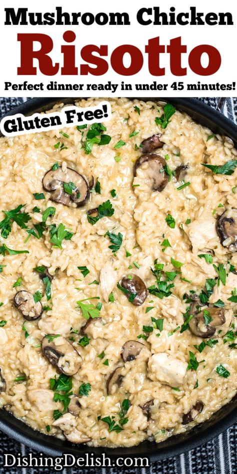 Dairy Free Risotto Recipes, Mushroom Chicken Risotto, Dairy Free Risotto, Chicken Spinach Mushroom, Risotto Recipes Chicken, Bacon Risotto, Creamy Mushroom Chicken, Chicken Risotto, Mushroom Risotto Recipes